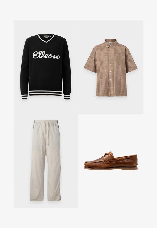 Zwarte V-hals trui met witte "Ellesse" logo op de borst en witte strepen op de kraag, manchetten en onderrand.; Bruine en crèmekleurige korte mouwen overhemd met knopen, met een rasterpatroon, kraag en geborduurd logo op de linkerborst.; Beige, lichte joggingsbroek met een elastische tailleband, voorzien van donkere zijpanelen en een losse, rechte pasvorm.; Brown leren botenschoen met gestikte accenten, voorzien van metalen oogjes, een verhoogde naad op de neus en een platte rubberen zool.