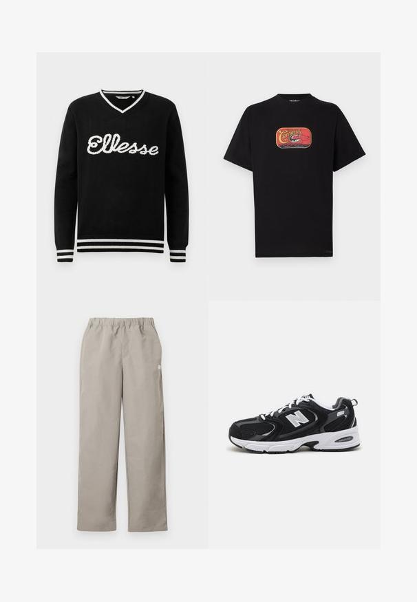 Čierny sveter s V-výstrihom a bielym logom "Ellesse" na prednej strane. Biely prúžok na golieri, manžetách a spodnom leme.; Čierne bavlnené tričko s červeným a žltým grafickým motívom s rybárskou tematikou na prednej strane. Krátke rukávy a okrúhly výstrih.; Béžové nohavice s rovnými nohavicami, pružným pásom a malým bielym logom na pravom bočnom šve.; Čierne a šedé športové topánky s hornou časťou z mikrovlákna a zamatu, s bielou medzipodrážkou, šnúrkami a výrazným logom "N" na boku.
