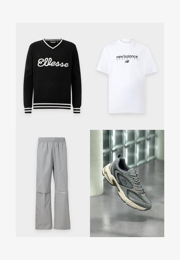 Čierny sveter s V-výstrihom a bielym logom "Ellesse" na prednej strane. Biely prúžok na golieri, manžetách a spodnom leme.; Biele bavlnené tričko s okrúhlym výstrihom, na prednej strane v strede je čierne logo "new balance" a nápis "ATHLETICS". Krátke rukávy, štandardný strih.; Svetlosivé nepremokavé nohavice s elastickým pásom a reflexnou páskou na pravej nohe, určené na vonkajšie použitie.; Sivá a biela teniska s panelmi z oka a kože, vznášajúca sa nad leštenou betónovou podlahou v blízkosti steny zo sklenených blokov.