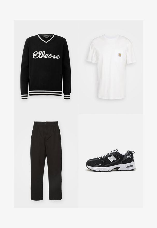 Čierny sveter s V-výstrihom a bielym logom "Ellesse" na prednej strane. Biely prúžok na golieri, manžetách a spodnom leme.; Biele bavlnené tričko s krátkymi rukávmi, vreckom na hrudi a malou štvorcovou nášivkou v oranžovej a bielej farbe na vrecku.; Čierne nohavice vyrobené z hladkej látky, s gombíkovým zapínaním, rovného strihu a s dvoma prednými záhybmi pre pridanie detailu.; Čierne a šedé športové topánky s hornou časťou z mikrovlákna a zamatu, s bielou medzipodrážkou, šnúrkami a výrazným logom "N" na boku.