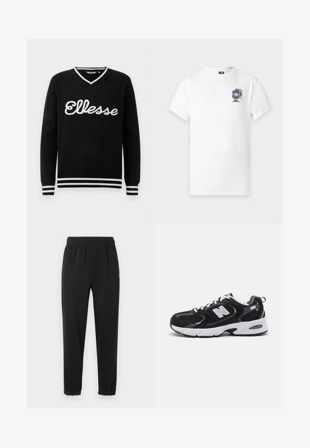 Zwarte V-hals trui met witte "Ellesse" logo op de borst en witte strepen op de kraag, manchetten en onderrand.; Witte T-shirt met korte mouwen met een kleine afbeelding van een wandelaar die een blauw The North Face-logo bord vasthoudt op de linkerborst.; Zwarte joggerbroek met elastische taille en elastische boorden, rechte pasvorm, zonder zichtbare versieringen, afgebeeld tegen een lichte achtergrond.; Zwarte en grijze sport schoenen met een bovenwerk van mesh en suede, voorzien van een witte tussenzool, veters en een gedurfde "N"-logo aan de zijkant.