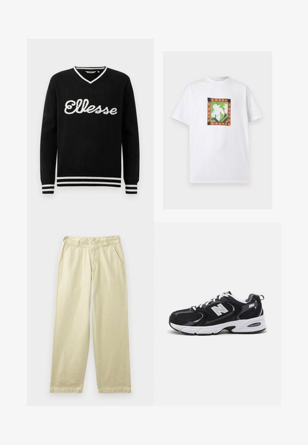 Čierny sveter s V-výstrihom a bielym logom "Ellesse" na prednej strane. Biely prúžok na golieri, manžetách a spodnom leme.; Biele tričko s krátkym rukávom a stredovým štvorcovým vzorom bielych kvetov na zelenom pozadí, rámované oranžovým a čiernym vzorovaným lemom.; Béžové bavlnené nohavice s voľným strihom, vybavené bočnými vreckami, pútkami na opasok a rovnými nohavicami. Hladká textúra s minimálnymi detailmi švov.; Čierne a šedé športové topánky s hornou časťou z mikrovlákna a zamatu, s bielou medzipodrážkou, šnúrkami a výrazným logom "N" na boku.