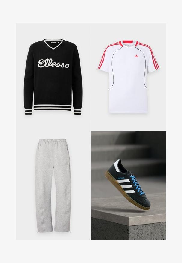 Zwarte V-hals trui met witte "Ellesse" logo op de borst en witte strepen op de kraag, manchetten en onderrand.; Wit sportshirt met korte mouwen, rode strepen op de schouders en mouwen, zwarte biezen aan de voorkant en een rood Adidas trefoil-logo op de borst.; Grijze joggingbroek met elastische tailleband, zijzakken en ritsen aan de pijpen, gemaakt van zachte stof met een gladde textuur. Subtiel logodetail.; Zwarte Adidas-sneaker met witte strepen, blauwe veters en een gumzool die boven een grijze betonnen trede zweeft in zacht licht.