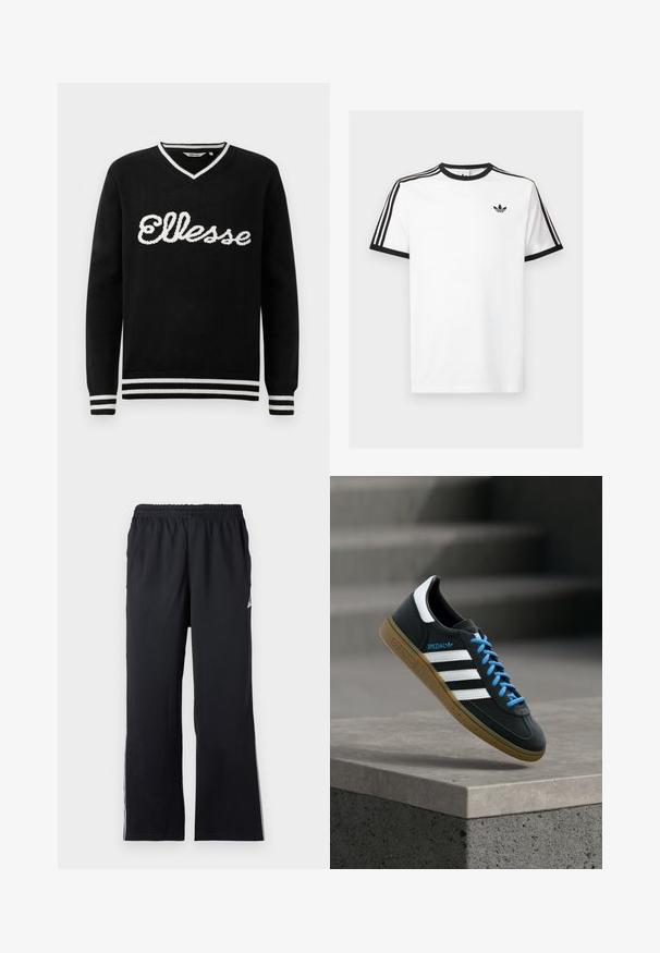 Mustvalge V-kaelusega sviiter, millel on rinnal valge "Ellesse" logo ja valged triibud krael, varrukaotstes ja allservas.; Valge puuvillane T-särk mustade ribadega kaelas ja varrukates, millel on iga õla peal kolm musta triipu ning rindkeres väike logo.; Mustas sportlikud püksid, mis on valmistatud venivast kangast, elastse vöökoht ja külgaktsentidega. Sirge jala disain koos peene logo detailiga.; Must Adidas toss valgete triibu, siniste paelte ja kummist tallaga, hõljuv pehme valgusega halli betoonastme kohal.