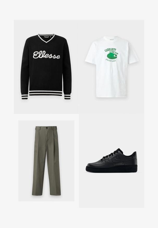 Jersey negro de cuello en V con el logotipo blanco de "Ellesse" en el pecho y franjas blancas en el cuello, los puños y el dobladillo.; Camiseta blanca de manga corta con gráfico de rana verde sentada sobre una hoja de lirio y texto "Carhartt WIP por favor no chivéis" en la parte delantera.; Pantalones rectos de color verde oliva con trabillas para cinturón, botón frontal y detalles plisados.; Zapatilla Nike Air Force 1 negra con parte superior de cuero liso, puntera perforada para transpirabilidad, cordones negros y suela de goma texturizada.