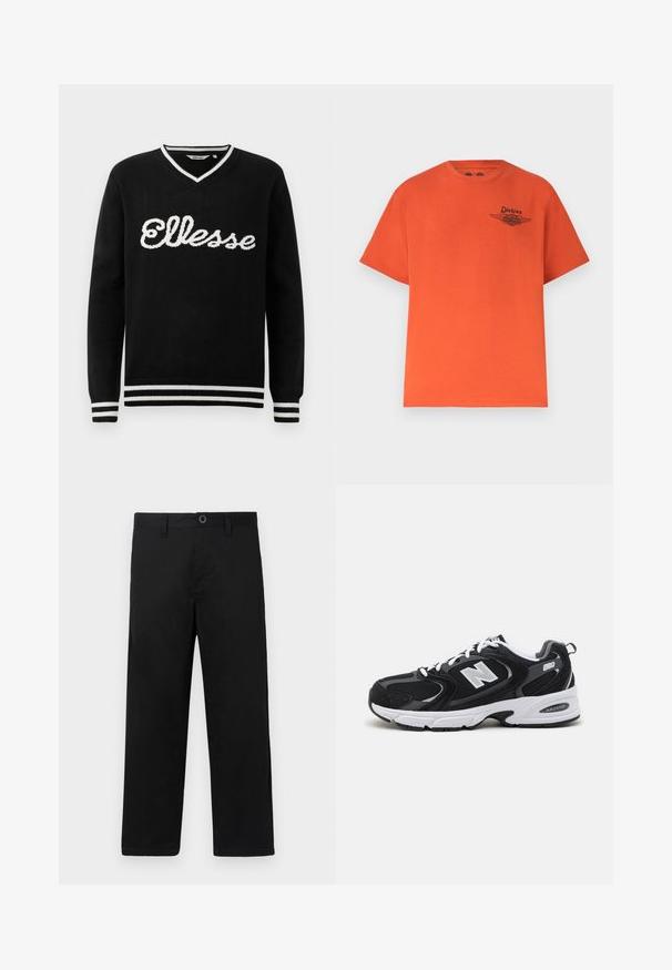 Schwarzer V-Ausschnitt-Pullover mit weißem "Ellesse"-Logo über der Brust und weißen Streifen an Kragen, Manschetten und Saum.; Helles orangefarbenes T-Shirt mit kurzen Ärmeln, rundem Ausschnitt und kleinem schwarzem Dickies- und Harley-Davidson-Logo auf der linken Brust.; Schwarze Baumwollhosen mit geradem Schnitt, ausgestattet mit einem regulären Bund, Gürtelschlaufen und einem einzelnen Knopfverschluss. Glatte Textur, ohne Muster.; Schwarze und graue Sportschuhe mit Obermaterial aus Mesh und Wildleder, ausgestattet mit einer weißen Zwischensohle, Schnürsenkeln und einem markanten "N"-Logo an der Seite.