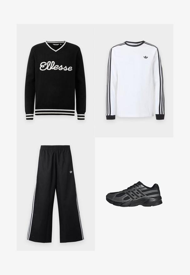 Čierny sveter s V-výstrihom a bielym logom "Ellesse" na prednej strane. Biely prúžok na golieri, manžetách a spodnom leme.; Biele tričko Adidas s dlhým rukávom, čiernym okrúhlym výstrihom, čiernymi manžetami, tromi čiernymi pruhmi na rukávoch a čiernym logom trefoil na hrudi.; Čierne široké tréningové nohavice s elastickým pásom, bielymi bočnými pruhmi a malým logom Adidas trefoil na pravom boku.; Čierne športové topánky vyrobené z pletiva a syntetických materiálov, s textúrovaným povrchom, viacerými šedými pruhmi a polstrovaným golierom.