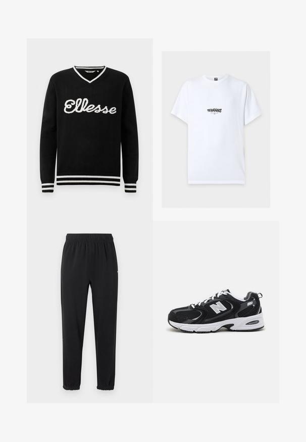 Čierny sveter s V-výstrihom a bielym logom "Ellesse" na prednej strane. Biely prúžok na golieri, manžetách a spodnom leme.; Biele tričko s krátkym rukávom s čiernym logom "The North Face" a textom "Never Stop Exploring" umiestneným v strede na hrudi.; Čierne tepláky s elastickým pásom a elastickými manžetami, rovný strih, bez viditeľných ozdôb, zobrazené na svetlom pozadí.; Čierne a šedé športové topánky s hornou časťou z mikrovlákna a zamatu, s bielou medzipodrážkou, šnúrkami a výrazným logom "N" na boku.