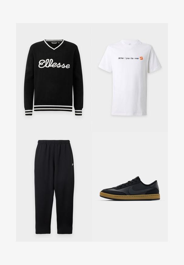 Zwarte V-hals trui met witte "Ellesse" logo op de borst en witte strepen op de kraag, manchetten en onderrand.; Wit T-shirt met korte mouwen met de tekst "Nike Sportswear" in grijs en marineblauw en een oranje Nike-logo op de borst.; Zwarte sweatpants met een elastische tailleband, voorzien van een klein wit logo aan de linkerkant. Gemaakt van een zachte, lichtgewicht stof. Recht pijp model.; Zwarte leren sneaker met een laag ontwerp, vetersluiting, rubberen zool en gumkleurige accenten. Voorzien van een zijlogo en gestructureerde materialen.