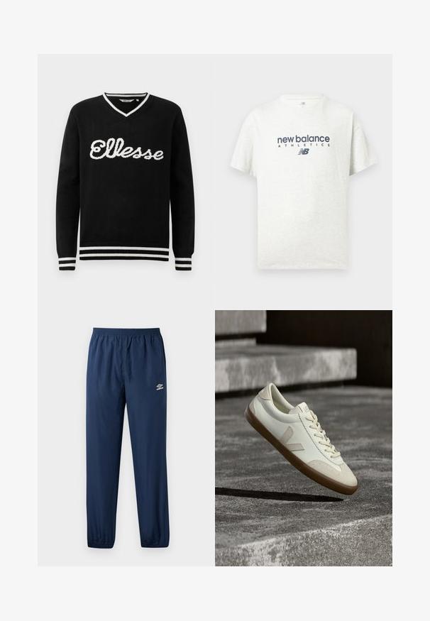 Čierny sveter s V-výstrihom a bielym logom "Ellesse" na prednej strane. Biely prúžok na golieri, manžetách a spodnom leme.; Biele krátke rukávy, tričko s okrúhlym výstrihom, na prednej strednej časti tmavomodro potlačený nápis "new balance ATHLETICS" a logo "NB".; Námornícke modré teplákové nohavice Umbro s elastickým pásom a manžetami, bočnými vreckami a logom Umbro na ľavom stehne.; Biele kožené tenisky s hnedou gumovou podrážkou, rovnými šnúrkami a V-tvarovaným prvkom na boku. Majú hladký povrch a minimalistické švíky.
