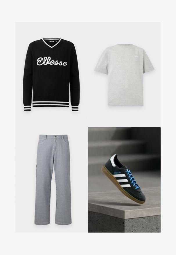 Jersey negro de cuello en V con el logotipo blanco de "Ellesse" en el pecho y franjas blancas en el cuello, los puños y el dobladillo.; Camiseta de manga corta y cuello redondo de color gris claro con un pequeño logo blanco en la parte superior izquierda del pecho, sobre un fondo blanco.; Pantalones de pierna recta con rayas verticales en gris y blanco, con bolsillos delanteros y cintura con cierre de botón.; Zapatilla negra Adidas con franjas blancas, cordones azules y suela de goma flotando sobre un escalón de hormigón gris con luz suave.