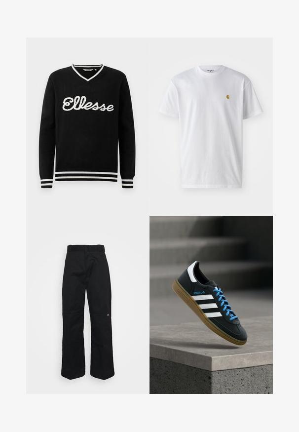 Sort V-hals sweater med hvid "Ellesse" logo over brystet og hvide striber på kraven, manchetterne og kanten.; Hvid bomulds t-shirt med korte ærmer, rund hals og et lille guld logo på venstre brystområde. Blød tekstur og almindelig pasform.; Sorte bukser lavet af robust stof, med lige ben, bæltestropper og en lille logo på den nederste side.; Sort Adidas sneaker med hvide striber, blå snørebånd og gummisål, der svæver over gråt betontrin i blødt lys.