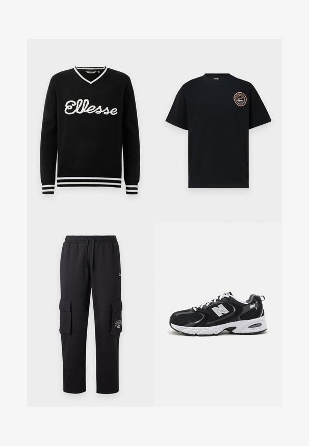 Čierny sveter s V-výstrihom a bielym logom "Ellesse" na prednej strane. Biely prúžok na golieri, manžetách a spodnom leme.; Ellesse DUOMO TEE - Tričko s potlačou - black; Čierne cargo nohavice vyrobené z mäkkého materiálu, ktoré majú dve bočné vrecká, elastický pás a detail loga na ľavom stehne.; Čierne a šedé športové topánky s hornou časťou z mikrovlákna a zamatu, s bielou medzipodrážkou, šnúrkami a výrazným logom "N" na boku.