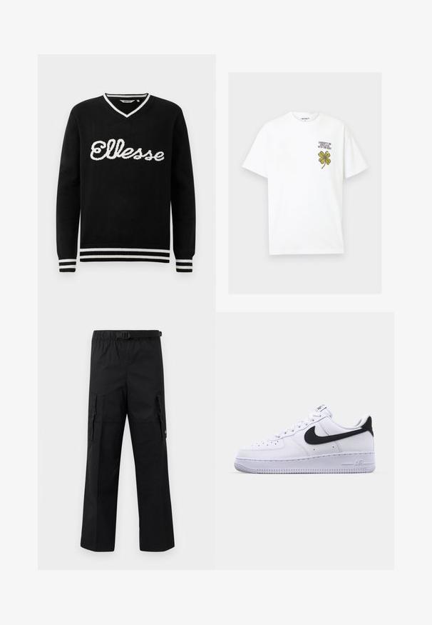 Schwarzer V-Ausschnitt-Pullover mit weißem "Ellesse"-Logo über der Brust und weißen Streifen an Kragen, Manschetten und Saum.; Weißes Baumwoll-T-Shirt mit einem grünen vierblättrigen Kleeblatt-Graphic und dem auf die Brust gestochenen Text "Carhartt WIP Viel Glück für den Rest".; Schwarze Cargo-Hosen mit weitem Schnitt, verstellbarem Bund mit Schnalle und zwei Seitentaschen zur Aufbewahrung. Leichtes Material.; Weißes Leder-Sneaker mit einem strukturierten schwarzen Swoosh, flachen Schnürsenkeln und einer Gummisohle mit genoppetem Muster. "AIR" ist auf der Ferse eingeprägt.