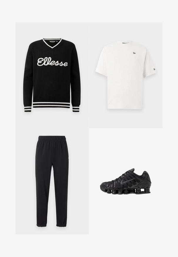 Čierny sveter s V-výstrihom a bielym logom "Ellesse" na prednej strane. Biely prúžok na golieri, manžetách a spodnom leme.; Biele bavlnené tričko s krátkymi rukávmi, okrúhlym výstrihom a malým čiernym logom na ľavej hrudi a pravej rukáve.; Čierne tepláky s elastickým pásom a elastickými manžetami, rovný strih, bez viditeľných ozdôb, zobrazené na svetlom pozadí.; Čierne športové topánky vyrobené zo sieťoviny a syntetických materiálov, s výrazným vlnitým dizajnom, čiernou gumovou podrážkou a reflexnými prvkami.