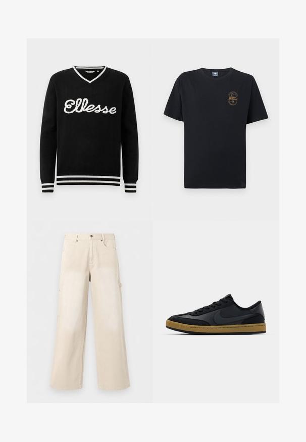 Čierny sveter s V-výstrihom a bielym logom "Ellesse" na prednej strane. Biely prúžok na golieri, manžetách a spodnom leme.; Čierne tričko s krátkym rukávom a okrúhlym výstrihom, so malým hnedým logom New Balance a textom na ľavej strane hrudníka.; Béžové nohavice s širokými nohavicami, prednými vreckami, zapínaním na gombíky a pútkami na opasok, zobrazené na jednofarebnom bielom pozadí.; Čierne kožené tenisky s nízkym strihom, s šnurovaním, gumovou podrážkou a akcentmi v farbe gumy. Obsahujú bočné logo a texturované materiály.