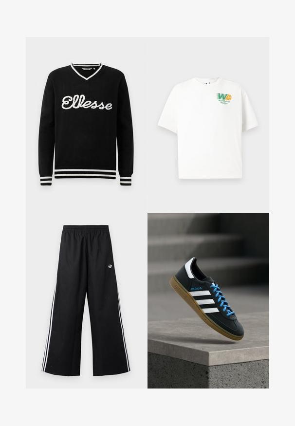 Zwarte V-hals trui met witte "Ellesse" logo op de borst en witte strepen op de kraag, manchetten en onderrand.; Witte katoenen t-shirt met een ontspannen pasvorm. Voorzien van een groen en oranje grafisch logo op de linkerkant van de borst, met de tekst "Worldwide Hoops."; Zwarte wijde trainingsbroek met elastische tailleband, witte zijstrepen en klein Adidas trefoil-logo op de rechterheup.; Zwarte Adidas-sneaker met witte strepen, blauwe veters en een gumzool die boven een grijze betonnen trede zweeft in zacht licht.