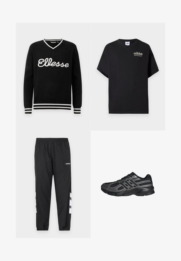 Zwarte V-hals trui met witte "Ellesse" logo op de borst en witte strepen op de kraag, manchetten en onderrand.; Zwarte katoenen t-shirt met korte mouwen, met een ronde hals en een wit Adidas-logo met "SPORT DESIGN STUDIO" in goud. Soepele textuur.; Zwarte windbreakerbroek met elastische tailleband, taps toelopende boorden en wit drie-strepen ontwerp aan de zijkanten. Gemaakt van lichtgewicht, glad materiaal.; Zwarte sportschoenen gemaakt van mesh en synthetische materialen, met een getextureerd oppervlak, meerdere grijze strepen en een gevoerde kraag.