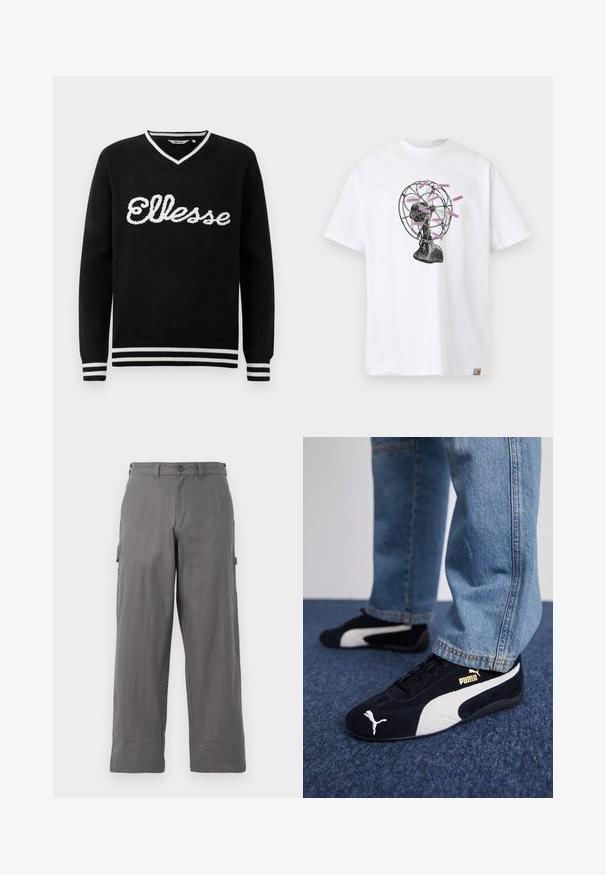 Schwarzer V-Ausschnitt-Pullover mit weißem "Ellesse"-Logo über der Brust und weißen Streifen an Kragen, Manschetten und Saum.; Weißes T-Shirt mit schwarzer Vintage-Lüfter-Grafik, an der mehrere pinke Etiketten mit der Aufschrift „CARHARTT WIP“ an den Lüfterblättern befestigt sind.; Graue Cargo-Hosen mit geradem Bein-Design, aus strapazierfähigem Stoff. Mit Seitentaschen und einem Knopfverschluss an der Taille.; Schwarze Wildledersneaker mit weißen Akzenten und einem goldenen Logo. Getragen mit hellblauen Jeans und auf einer strukturierten blauen Oberfläche platziert.