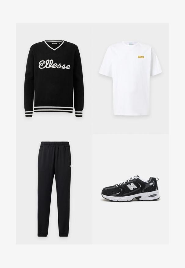 Sort V-hals sweater med hvid "Ellesse" logo over brystet og hvide striber på kraven, manchetterne og kanten.; Hvid kortærmet T-shirt med rund hals og et lille gult rektangulært Columbia Sportswear-logo på venstre bryst.; Sorte træningsbukser lavet af blødt stof, med elastisk talje, to sidelommer og afsluttende ribkanter for et tætsiddende look.; Sorte og grå sportssko med mesh og ruskind på overdelen, der har en hvid mellemsål, snørebånd og et iøjnefaldende "N" logo på siden.