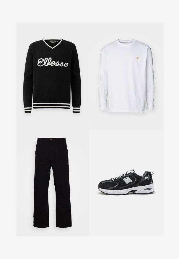 Sort V-hals sweater med hvid "Ellesse" logo over brystet og hvide striber på kraven, manchetterne og kanten.; Hvid langærmet t-shirt lavet af bomuld. Har et lille gyldent logo på brystet og en rund halsudskæring. Enkel design og standard pasform.; Sorte denimbukser med lige ben, udstyret med guld hardware-detaljer og synlige syninger på for- og baglommer.; Sorte og grå sportssko med mesh og ruskind på overdelen, der har en hvid mellemsål, snørebånd og et iøjnefaldende "N" logo på siden.