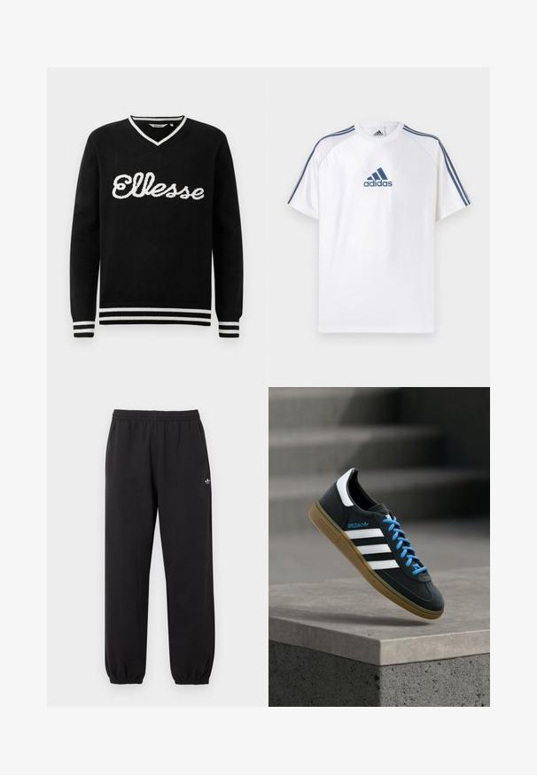 Zwarte V-hals trui met witte "Ellesse" logo op de borst en witte strepen op de kraag, manchetten en onderrand.; Wit Adidas T-shirt met blauwe accenten, korte mouwen en een ronde hals. Voorzien van het Adidas-logo in blauw aan de voorkant en drie strepen op de schouders.; Zwarte Adidas joggingbroek met elastische tailleband en boorden, met een klein wit Adidas trefoil-logo op de bovenkant van het linkerbeen.; Zwarte Adidas-sneaker met witte strepen, blauwe veters en een gumzool die boven een grijze betonnen trede zweeft in zacht licht.
