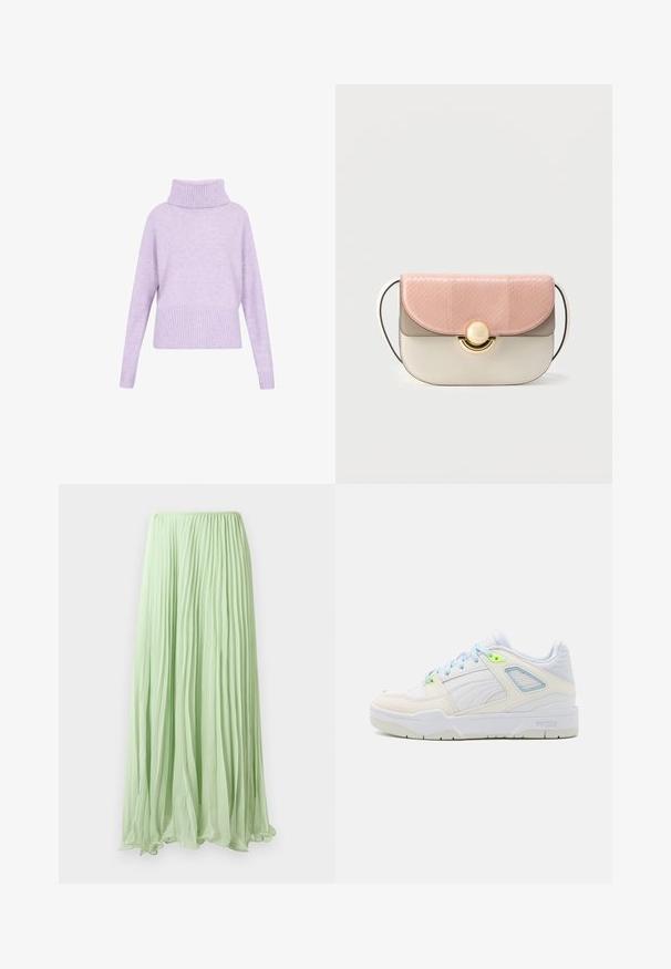 Lilla sweater med en høj ribbet rullekrave, drop-skulder og ribbet kant. Fremstillet af blødt stof med en glat tekstur.; Lys grøn plisseret lang skirt lavet af let stof med elastisk talje, præsenteret mod en hvid baggrund.; Hvide sneakers med lys blå og neon grønne detaljer. Fremstillet af glat læder og mesh, med en polstret krave og struktureret sål.; Læderhåndtaske med en lyserød tekstureret klap, cremefarvet krop, guldfarvet hardware og en buet lås. Har en tynd skulderrem.