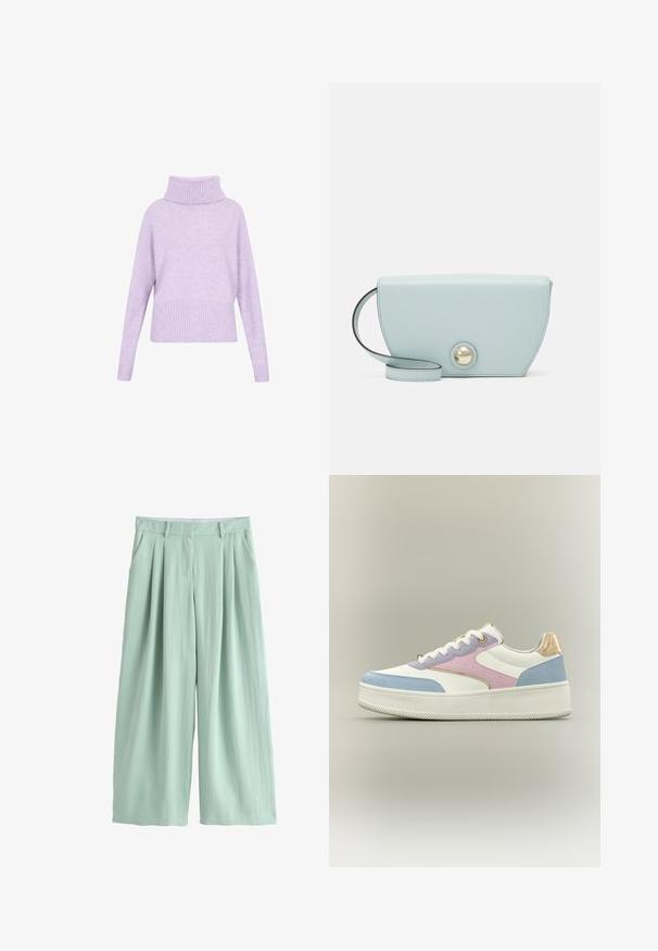 Lilla sweater med en høj ribbet rullekrave, drop-skulder og ribbet kant. Fremstillet af blødt stof med en glat tekstur.; Lysegrønne bukser med vide ben og høj talje, for-ploer, bæltestropper og sidelommer, vist på en hvid baggrund.; Hvid platform-sneaker med pastelfarvede paneler i blå, pink og lavendel, hvide snørebånd og metalisk guldet detalje på hælen mod ensfarvet baggrund.; Lysblå læderhåndtaske med en halvmåneform, der har en dekorativ, rund guldknap og en tynd rem. Glat tekstur, minimalistisk design.