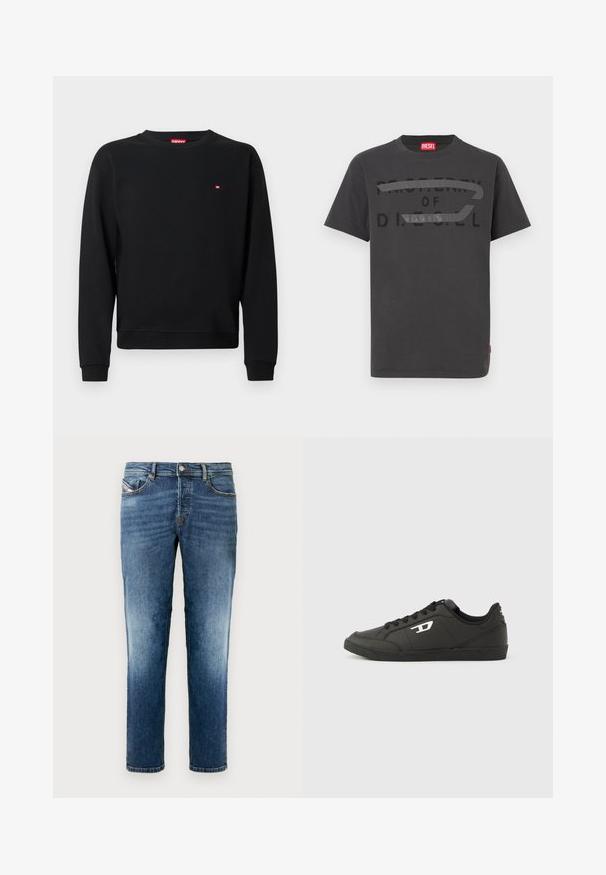Sort sweatshirt lavet af blødt stof med rund hals og lange ærmer. Lille rødt logo nær brystet. Ribstrikkede manchetter og kant.; Grå bomulds-T-shirt med fed sort tekst, der lyder "PROPERTY OF D.I.E.S.E.L.", med en glat tekstur og korte ærmer.; Blå denimjeans med lige ben, der har et klassisk design med fem lommer, lyse slidte partier og knaplukning i taljen.; Sorte syntetiske sneakers med en struktureret sort sål, rund tå og flade sorte snørebånd. Fremtrædende hvidt logo på ydersiden.