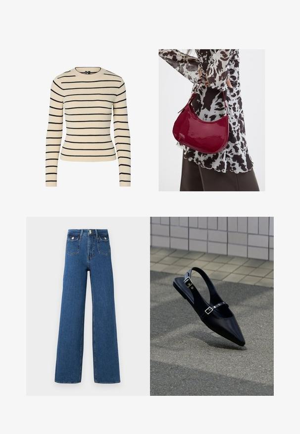 Cremefarvet ribbet sweater med sorte horisontale striber, rund halsudskæring og lange ærmer. Har et tætsiddende design og sømløs tekstur.; Bredde ben jeans lavet af mørk denim. Har to forlommer og en knappelukning. Glat tekstur med synlige sømme og struktureret form.; Sort flad slingback med spids tå og dobbelte spænder, hvilende på grå asfalt nær flisevæg.; Kvinde iført en sort- og hvidmønstret bluse, der holder en blank rød skuldertaske mod en ensfarvet baggrund.