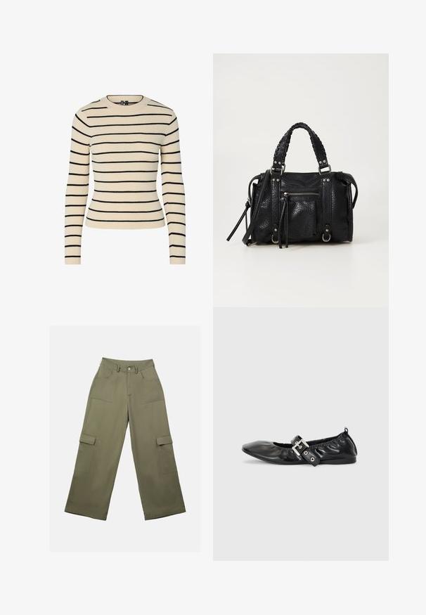 Pull crème côtelé avec des rayures horizontales noires, col rond et manches longues. Présente un design ajusté et une texture sans couture.; Pantalons cargo vert olive avec une taille haute, des jambes larges et deux grandes poches latérales. Fabriqués en tissu lisse avec une fermeture à bouton.; Chaussure plate en cuir noir avec un nez pointu, des détails froncés autour de l'ouverture et un accent en boucle argentée sur la bride ajustable.; Sac à main en simili cuir noir texturé avec des anses tressées, des accents en métal argenté et une poche zippée à l'avant. Design compact avec une bandoulière amovible.