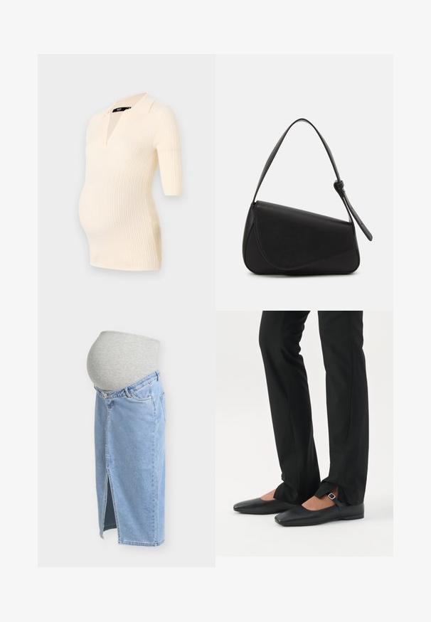 Haut de maternité crème côtelé à manches courtes et col polo, conçu pour s'adapter confortablement à un ventre en croissance.; Jupe en jean de maternité avec panneau extensible gris à la taille et une fente à l'avant, conçue pour le confort pendant la grossesse.; Jambes vêtues d’un pantalon slim noir avec des fentes à l’avant de l’ourlet, assorties à des chaussures plates Mary Jane noires avec une petite bride à boucle.; Sac à main en cuir noir de forme triangulaire, avec un rabat incliné et une poignée supérieure arrondie. Il présente une texture lisse et des détails de design minimalistes.