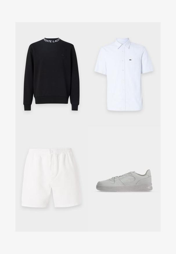 Sweatshirt noir avec un col rond, texte "LACOSTE" en blanc, poignets et ourlet côtelés, et un petit logo noir sur la poitrine.; Chemise à manches courtes à boutons de couleur bleu clair avec des rayures blanches, dotée d'une poche poitrine et d'un petit logo vert sur le côté gauche.; Shorts blancs texturés avec une taille élastique et une fermeture à bouton. Ils présentent une coupe ample et une longueur mi-cuisse, adaptés pour une tenue décontractée.; Baskets basses blanches Lacoste avec lacets, logo embossé sur le côté et semelle texturée sur fond uni.
