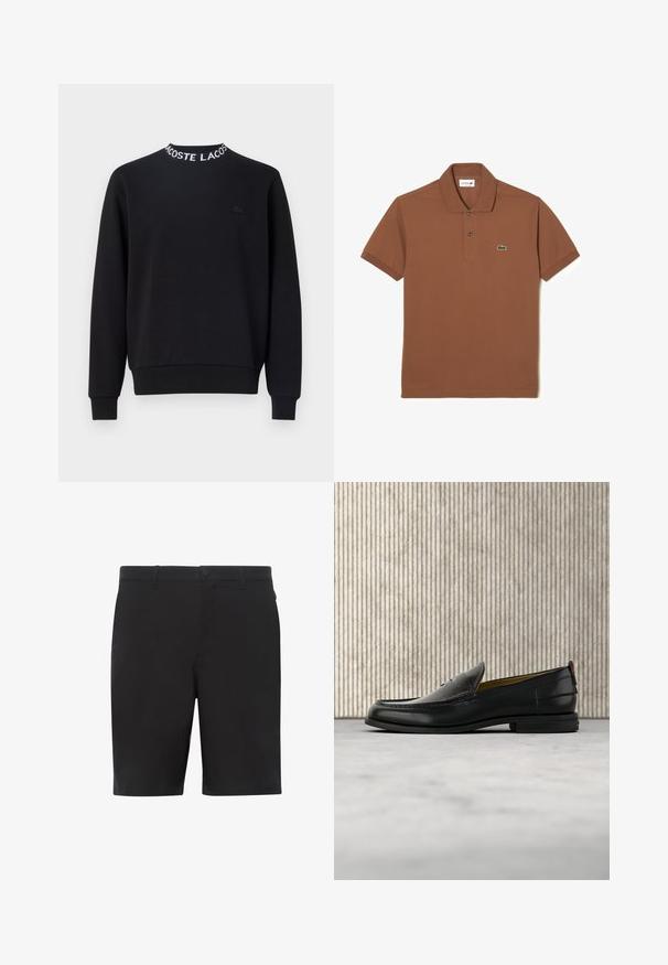 Sort sweatshirt med rund halsudskæring, hvid "LACOSTE" tekst, ribbede mansjetter og kant, samt et lille sort logo på brystet.; Lacoste Poloshirts - marron clair; Sorte shorts lavet af letvægtsstof, med flad front, standard linning og sidelommer. Glat tekstur uden synlige mønstre.; Sort læder herreloafer med krokodillepræget forstykke og lav hæl, vist i profil på en neutral baggrund.