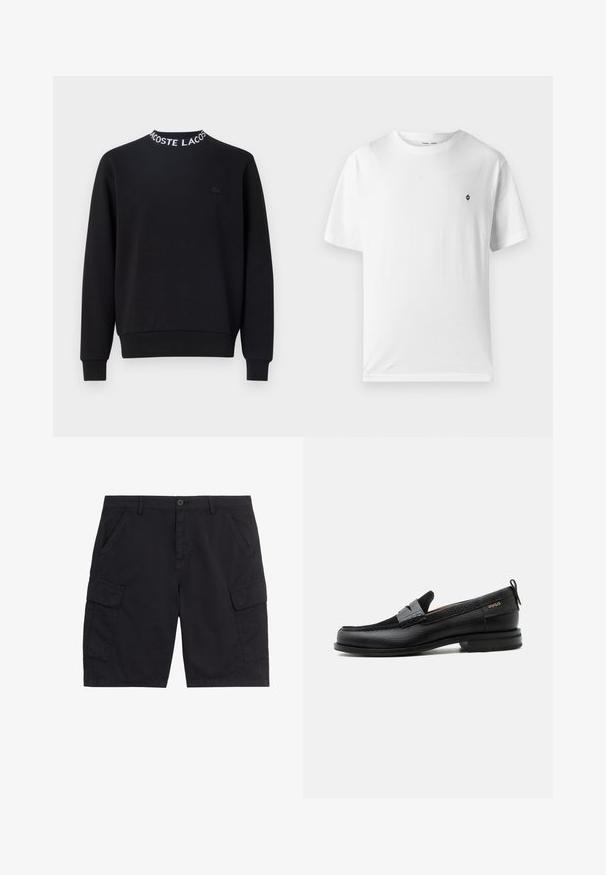 Čierna mikina s okrúhlym výstrihom, na ktorom je biele textové logo "LACOSTE", ribbed manžetami a obšívkou, a malým čiernym logom na hrudi.; Biela bavlnená tričko s okrúhlym výstrihom, krátkymi rukávmi a malým čiernym logom na hrudníku. Mäkká štruktúra, voľný strih.; Čierne cargo šortky s predným gombíkom a zipsom, dvoma bočnými vreckami, dvoma náprsníkovými cargo vreckami so záklopkou a pútkami na opasok.; Čierny kožený mokasín so sivým remienkom, nízkym podpätkom a textúrovanou podrážkou, so značkou "HUGO" v zlatej farbe na boku.