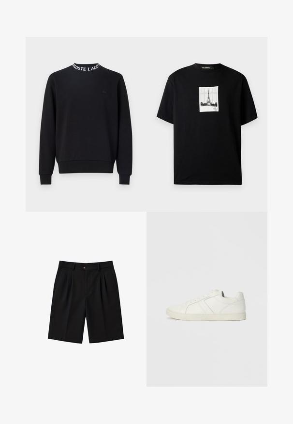 Schwarzer Hoodie mit rundem Halsausschnitt und weißem "LACOSTE"-Schriftzug, gerippten Bündchen und Saum sowie einem kleinen schwarzen Logo auf der Brust.; Schwarzes T-Shirt mit kurzen Ärmeln und einem zentrierten weißen rechteckigen Druck des Eiffelturms sowie einer Unterschrift darunter.; Schwarze, maßgeschneiderte Shorts bis zum Knie mit vorderen Falten, seitlichen Taschen, Gürtelschlaufen und einem geknöpften Bund.; Niedrig geschnittenen weißen Ledersneaker mit Schnürverschluss und flacher Gummisohle, von der Innenseite auf einem schlichten Hintergrund betrachtet.