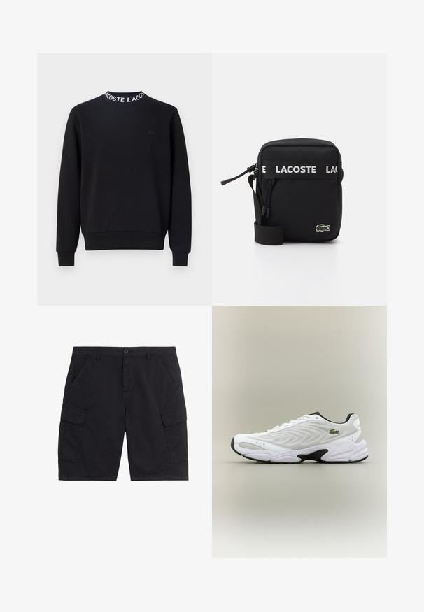 Schwarzer Hoodie mit rundem Halsausschnitt und weißem "LACOSTE"-Schriftzug, gerippten Bündchen und Saum sowie einem kleinen schwarzen Logo auf der Brust.; Schwarze Cargo-Shorts mit vorderem Knopf und Reißverschluss, zwei seitlichen Taschen, zwei Klappentaschen und Gürtelschlaufen.; Weißer Sportschuh mit strukturiertem Mesh-Obermaterial, geschwungenem Design und kontrastierender schwarzer Laufsohle. Mit grünem gesticktem Logo an der Seite.; Schwarze Stoff-Crossbody-Tasche mit einem weißen LACOSTE-Logo-Gurt, einem oberen Reißverschluss und einem grünen gestickten Krokodil-Logo auf der Vorderseite.