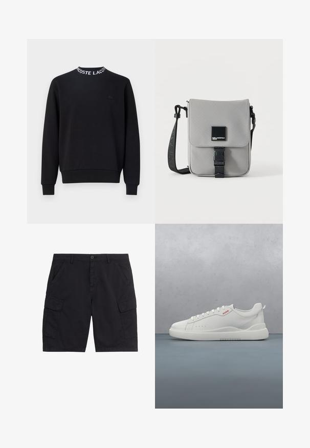 Schwarzer Hoodie mit rundem Halsausschnitt und weißem "LACOSTE"-Schriftzug, gerippten Bündchen und Saum sowie einem kleinen schwarzen Logo auf der Brust.; Schwarze Cargo-Shorts mit vorderem Knopf und Reißverschluss, zwei seitlichen Taschen, zwei Klappentaschen und Gürtelschlaufen.; Weiße Sneaker aus glattem Leder, runde Spitze, vier Ösen, dezente Perforationen und ein rotes Logodetail an der Seite.; Graue Crossbody-Tasche mit schwarzem, verstellbarem Gurt, vordere Klappe mit schwarzer Schnalle gesichert, mit quadratischem Karl Lagerfeld Jeans Logo-Patch.