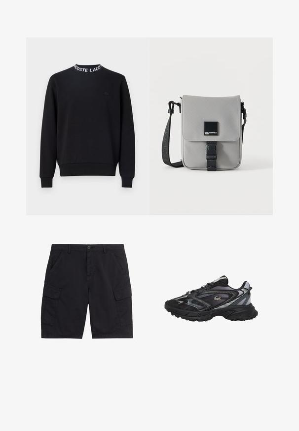 Sort sweatshirt med rund halsudskæring, hvid "LACOSTE" tekst, ribbede mansjetter og kant, samt et lille sort logo på brystet.; Sorte cargoshorts med frontknap og lynlås, to sidelommer, to klaplommer og bæltestropper.; Sort og grå atletiksko med tekstureret sål, mesh og syntetisk overdel, snørelukning og sølvkrokodille-logo på siden.; Grå crossbody taske med sort justerbar rem, frontklap sikret med sort spænde, med et firkantet Karl Lagerfeld Jeans logo patch.