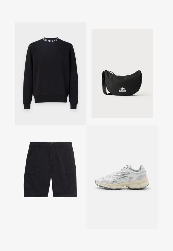 Sort sweatshirt med rund halsudskæring, hvid "LACOSTE" tekst, ribbede mansjetter og kant, samt et lille sort logo på brystet.; Sorte cargoshorts med frontknap og lynlås, to sidelommer, to klaplommer og bæltestropper.; Hvide sportssko med grå detaljer, overdel i mesh og syntetiske materialer, snørebåndsdesign og tekstureret gummisål med grebemønstre.; Sort Lacoste skuldertaske med buet form, justerbar rem og hvidt præget krokodillelogo over mærkenavnet foran.