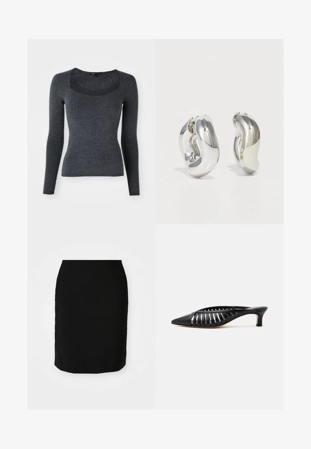 Pull en maille côtelée gris foncé à manches longues, avec un décolleté carré et un motif texturé sur la poitrine. Fabriqué en tissu tricoté doux.; Jupe crayon noire avec une texture lisse, de forme droite, et un ourlet à hauteur des genoux. Aucun motif ni détail matériel visible.; Mule en cuir noir avec bout pointu, design découpé à brides et petit talon kitten sur fond blanc.; Boucles d'oreilles sculpturales en argent avec des formes douces et courbes et des surfaces réfléchissantes. Présentent un design de boucle fermée et une forme organique distincte.