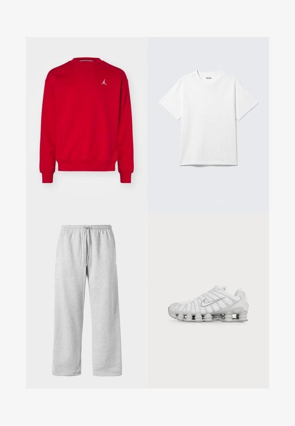 Rode sweatshirt met een ronde hals en lange mouwen. Heeft een wit Jordan-logo op de borst. Gemaakt van een zachte, textured stof.; Witte T-shirt met korte mouwen en ronde hals, plat gelegd, effen ontwerp, met een "WEEKDAY" label in de kraag op een lichte achtergrond.; Lichtgrijze joggers met een koord in de taille, gemaakt van een zachte katoenmix, met brede benen en een gladde textuur. Geen zichtbare zakken.; Witte Nike hardloopschoen met zichtbare luchtdempende zool en zilveren swoosh-logo aan de zijkant, gezien vanaf de buitenkant.