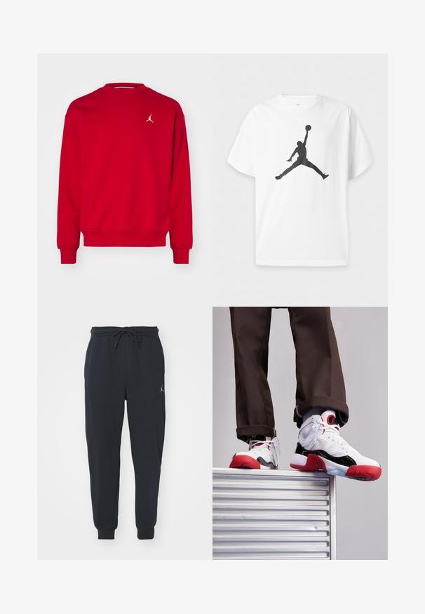 Rode sweatshirt met een ronde hals en lange mouwen. Heeft een wit Jordan-logo op de borst. Gemaakt van een zachte, textured stof.; Wit T-shirt met korte mouwen met een zwarte silhouet van een basketballer die springt en een bal boven het hoofd vasthoudt in de lucht.; Zwarte joggingsbroeken van zachte stof, met een elastische tailleband met trekkoord, geribbelde boorden en een klein logo op de linker dij.; Witte en zwarte sport schoenen met rode accenten. Gemaakt van mesh en leer, met een ronde neus en een getextureerde rubberen zool.