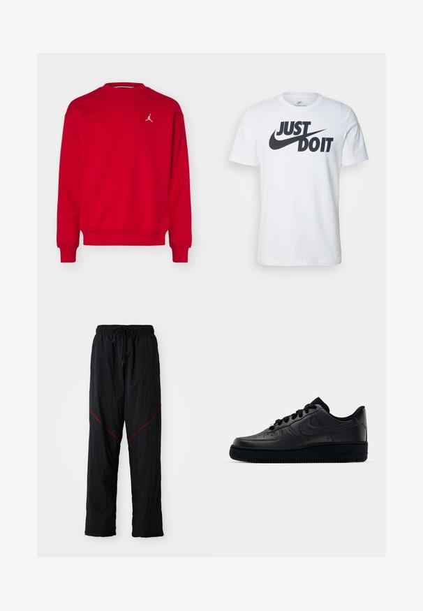Rode sweatshirt met een ronde hals en lange mouwen. Heeft een wit Jordan-logo op de borst. Gemaakt van een zachte, textured stof.; Witte katoenen t-shirt met een opvallend zwart "Just Do It" logo en de Nike swoosh. Klassiek crew neck ontwerp met korte mouwen.; Zwarte sportbroek met een gestructureerde afwerking, voorzien van een trekkoord in de taille, rode accentlijnen en een losse pasvorm.; Zwarte Nike Air Force 1 sneaker met een gladde leren bovenkant, geperforeerde neus voor ademend vermogen, zwarte veters en een getextureerde rubberen zool.