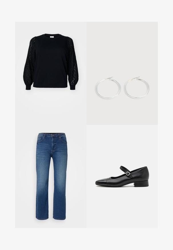 Sort sweatshirt med ensfarvet krop og teksturerede, puffede blondeærmer. Crew neck-design med ribbede manchetter og kant.; Mørkeblå denim jeans med lige ben-design, fem lommestil og en knap- og lynlåslukning. Glat tekstur med minimal falming.; Sorte læder Mary Jane-sko med en patenttå, justerbar ankelrem og lav blokhæl. Glat tekstur og strømlinet design.; Par skinnende sølvøreringe med tynde trådlåse, vist på en lys grå baggrund.
