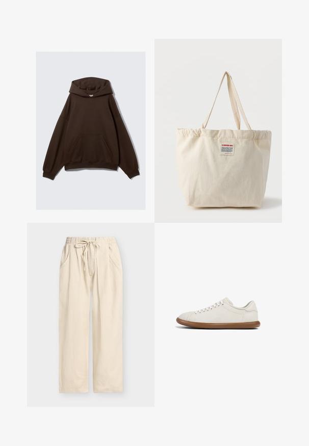 Brun oversized hoodie lavet af en bomuldsblanding, der har en stor hætte, forlommeslomme og ribbede manchetter. Glat tekstur med minimal design.; Beige løstsiddende bukser med elastisk linning, justerbar snor og sidelommer vist på en ensfarvet baggrund.; Lysebrune sneakers lavet af blødt stof med en glat tekstur. Rund spert, seks snøreringe og en fleksibel brun gummisål.; Beige canvas-taske med lange håndtag og en lille rektangulær etiket med teksten "LA MAISON AMV" i rødt og sort.
