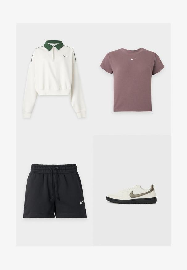 Sweat court blanc à manches longues avec col vert, fermeture éclair devant, logo Nike Swoosh noir sur la poitrine et bandes vertes aux épaules.; Top court à manches courtes en ribbed mauve avec un col rond et un petit logo Nike blanc centré sous le col.; Shorts de sport Nike noirs avec taille élastique, cordon de serrage, poches latérales et logo swoosh blanc sur la jambe gauche.; Nike Sportswear FIELD GENERAL - Baskets basses - off-white/black
