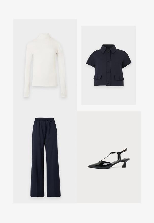 Top à col roulé à manches longues en blanc cassé, confectionné dans un tissu doux. Présente une coupe ajustée et un col montant. Texture lisse sans motifs.; Veste courte bleu marine à manches courtes avec col pointu, fermeture boutonnée à l'avant et deux poches à rabat avec boutons.; Pantalon large bleu marine avec une ceinture élastique et un devant lisse, présenté sur un fond blanc.; Chaussure slingback en cuir verni noir à bout pointu avec bride en T et petit talon bloc incliné sur fond blanc.