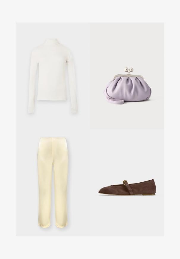Top à col roulé à manches longues en blanc cassé, confectionné dans un tissu doux. Présente une coupe ajustée et un col montant. Texture lisse sans motifs.; Pantalon droit en satin couleur crème avec une finition lisse, sans poches visibles, présenté de face sur un fond uni.; Chaussure plate en daim marron avec bout pointu et bride à boucle dorée sur le côté, vue de profil sur fond blanc.; Pochette lavande douce avec tissu froncé, fermoir kiss-lock argenté et bracelet assorti sur un fond clair uni.