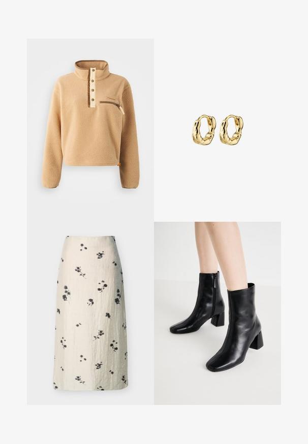 Pulóver de forro polar beige con un alto cuello, tapeta de medio botón y un bolsillo con cremallera en el pecho izquierdo. Tejido texturizado con acentos marrones.; Falda midi color crema con estampado floral negro y tela con textura sutil, corte recto, sin cierres visibles ni bolsillos.; ONLY SHOES ONLBRIELLE - Botines bajos - black; Pendientes de aro en tono dorado con un diseño texturizado e irregular. Cuentan con un cierre seguro y una superficie lisa y reflectante.